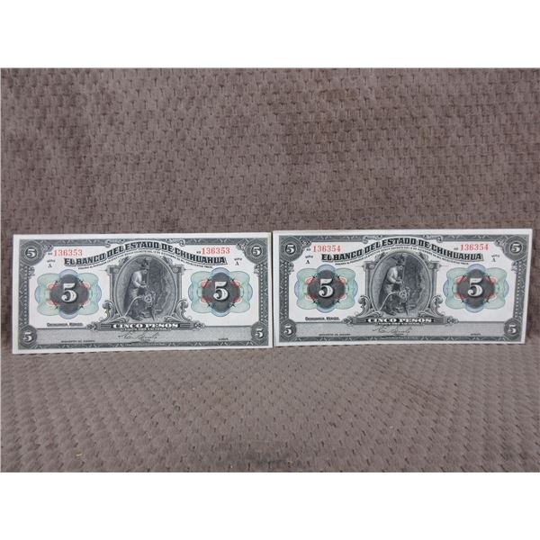 2 - Chihuahua Mexico 5 Peso 1913 - Sequential Serial #'s