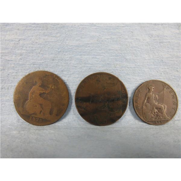 3 - UK Coins 2 Pennys 1875, 1890 & a Half Penny 1899