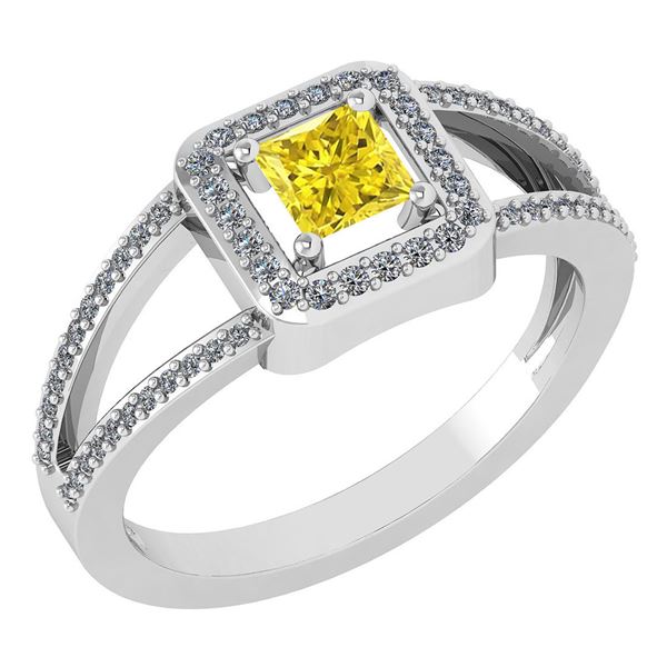Certified 0.61 Ctw Fancy Yellow Diamond 18k White Halo