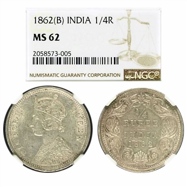 British India, Victoria Empress(1837 - 1901). Silver 1/4 Rupee, 1862, Bombay Mint. Graded as MS 62 b