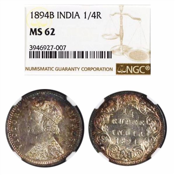 British India, Victoria Empress(1837 - 1901). Silver 1/4 Rupee, 1894, Bombay Mint. Graded as MS 62 b