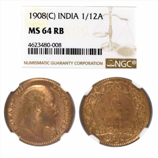 British India, Edward VII(1901 - 1910). Copper 1/12 Anna,  1908, Calcutta Mint. Graded as MS 64 RB b