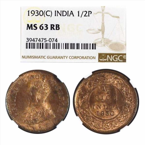 British India, George V(1910 - 1936). Copper 1/2 Pice, 1930, Calcutta Mint. Graded as MS 63 RB by NG