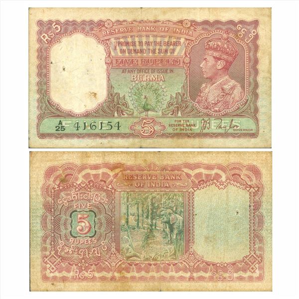 British India, George VI, 5 Rupees, signed by J B Taylor, Burma Issue-Peacock.