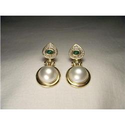 14K YG Cultured Pearl Emerald Diamond Earrings #2015918