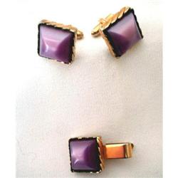 Vintage Purple Lucite Cuff Links & Tie Clip #2029191