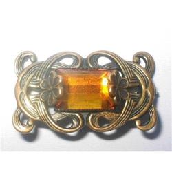 Art Nouveau Ornate Brass & Czech Glass Brooch #2029200