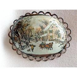 Huge Xmas Scene Brooch Painted on Wood #2029362