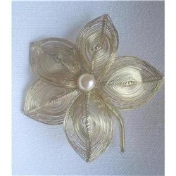 Silver Wirework & Cultured Pearl Flower Brooch #2029377