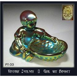 ZSOLNAY VINTAGE ART POTTERY GIRL W BASKET PT33 #2029553