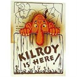 VINTAGE PINBACK ~ KILROY WAS HERE WOODEN PIN #2030660