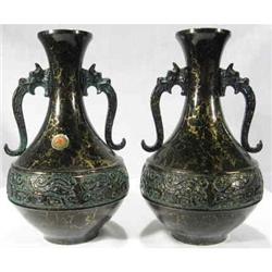 Vases Pair Black on Brass. Not Old #2031697