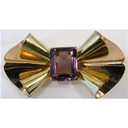 Pin Sterling Bow c1940 Gold Wash Amethyst Color#2031719