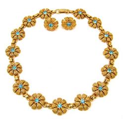 Old LUSTERN Aqua RHINESTONE Necklace & EARRINGS#2031798