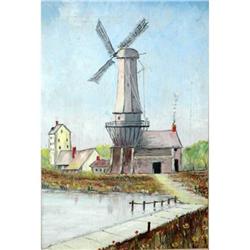 Vintage Dutch Windmill Oil Painting signed #2031825