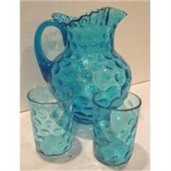 FentonBlue Ruffled CoinDot Pitcher Two Tumblers#2055060