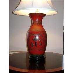 Chinese Red Lacquer Lamp with Raised Curios #2061162