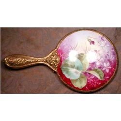 HAND Mirror VIOLETS Brass HAND Painted ANTIQUE #2026234