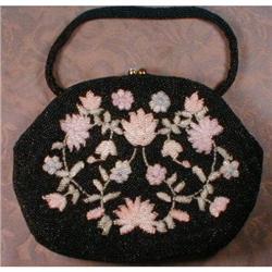 Black FLORAL Purse BEADED Evening BAG Vintage #2026243