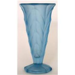 Blue Satin Art Deco Pressed Glass Chevron Vase#2039307