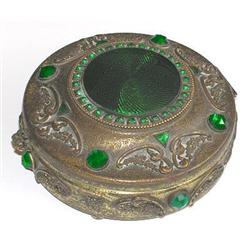 Brass, Green Glass Jewels, Guilloche Enamel Jar#2039312