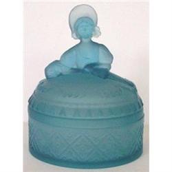 Victorian Lady Frosted Blue Glass Powder Jar #2051480