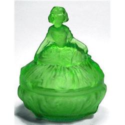 DOLLY SISTERS Green Satin Glass Dresser Jar #2051683