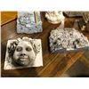 Image 2 : Group of 6 decorative yard ornaments - small pagoda water fountain/ 3 plaques & 2 small statue figur