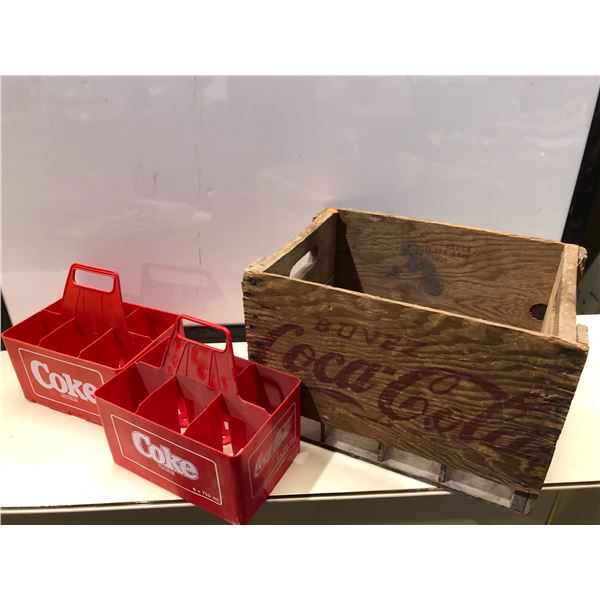 1969 wooden Coca-Cola crate & 2 plastic 1970's Coca-Cola 6 pack bottle holders