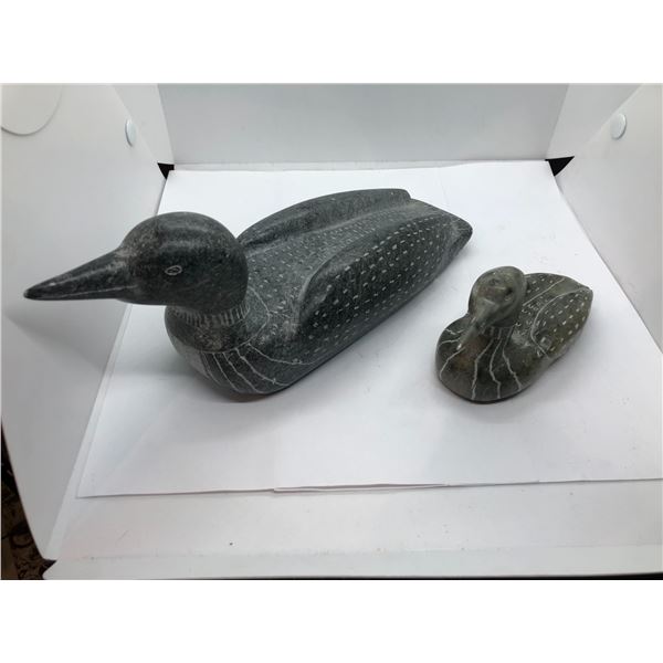 Pair of carved soapstone birds (signed on bottom) - approx. 10in x 4in & approx. 5 1/2in x 2in