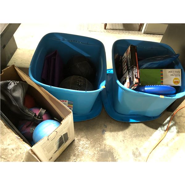 3 boxes of assorted exercise room equipment - medicine ball/punching bag/twist boards/etc..