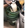 Image 1 : 3 Trash Cans filled w/assorted yard items - brooms/washing brushes/hose/pressure sprayer