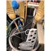 Image 3 : 3 Trash Cans filled w/assorted yard items - brooms/washing brushes/hose/pressure sprayer