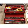Image 1 : Black Rubbermaid tool box & red metal box w/contents