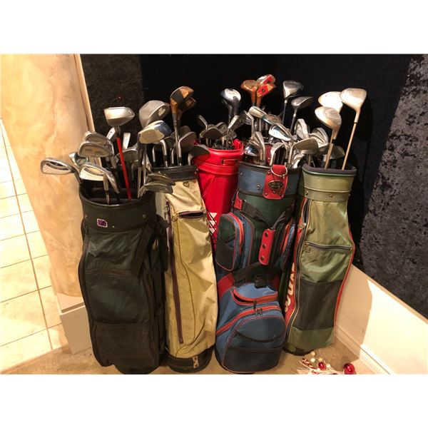 Group of 6 golf bags filled w/assorted golf clubs/drivers & irons