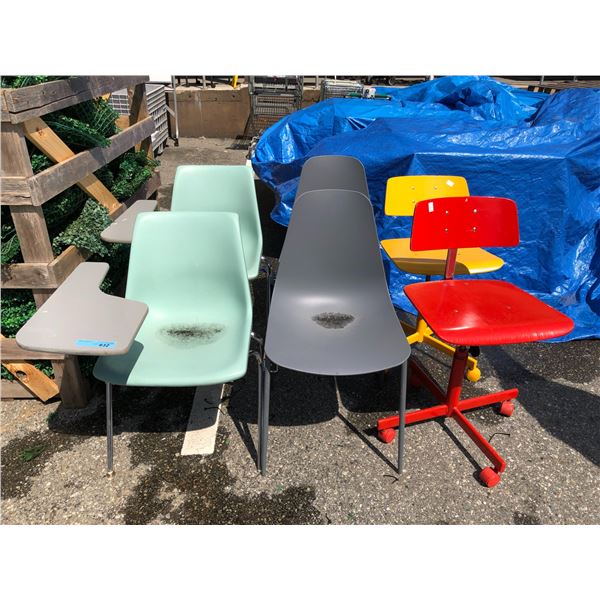 Six assorted chairs - 2 school desks & 2 scoop side chairs & 2 office chairs