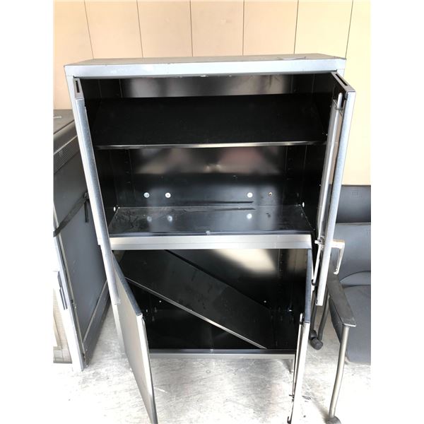 Two piece grey metal medical cabinet