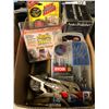 Image 1 : Box of assorted tools - Ryobi drill accessory kit/forearm forklift/vice grips/etc...