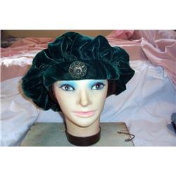 Antique Green Silk Velvet Victorian Beret #2010897