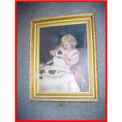 Victorian Girl & Dog at Table Oil Painting #2023224