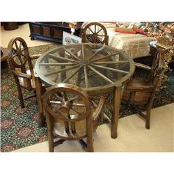 PRIMITIVE RUSTIC WAGON WHEEL DINING TABLE CHAIR#2023473