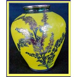 VINTAGE CANARY YELLOW PORCELAIN VASE W SILVER #2023551