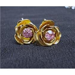 CORO Pink Rhinestone  Screw Back Earrings #2064066