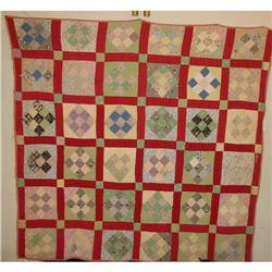 Antique Hand Sewn Red/Prints Flour Sack Quilt #2064834