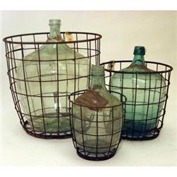 ANTIQUE GLASS WINE BOTTLE in WIRE BASKET SMALL #2065604