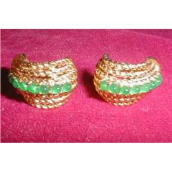 BOUCHER Earrings GREEN Stones & Gold VINTAGE #2065901