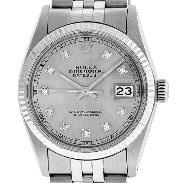 Rolex Mens Stainless Steel 36MM Slate Grey Diamond Oyster Perpetual Datejust Wri