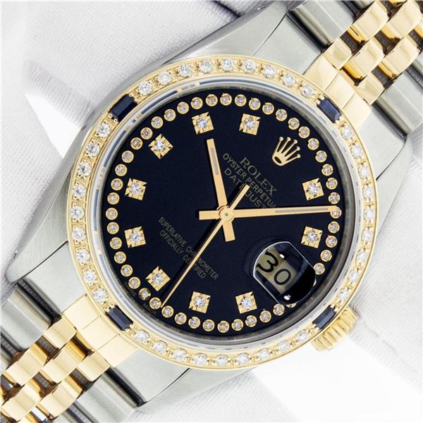 Rolex Mens 2 Tone Black String Diamond & Sapphire 36MM Datejust Wristwatch