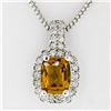 Image 1 : 14K White Gold 3.71 ctw Cushion Checkerboard Citrine Diamond Halo Pendant Neckla