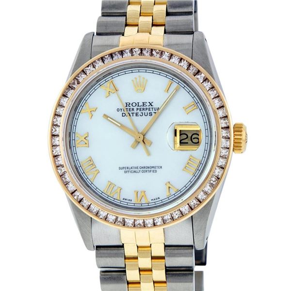 Rolex Mens 2 Tone MOP Princess Cut Datejust Wristwatch With Rolex Box Oyster Per